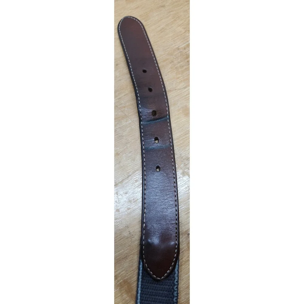 Peter Millar Mens Canvas Leather Belt Grey Brown Striped Solid Brass Buckle